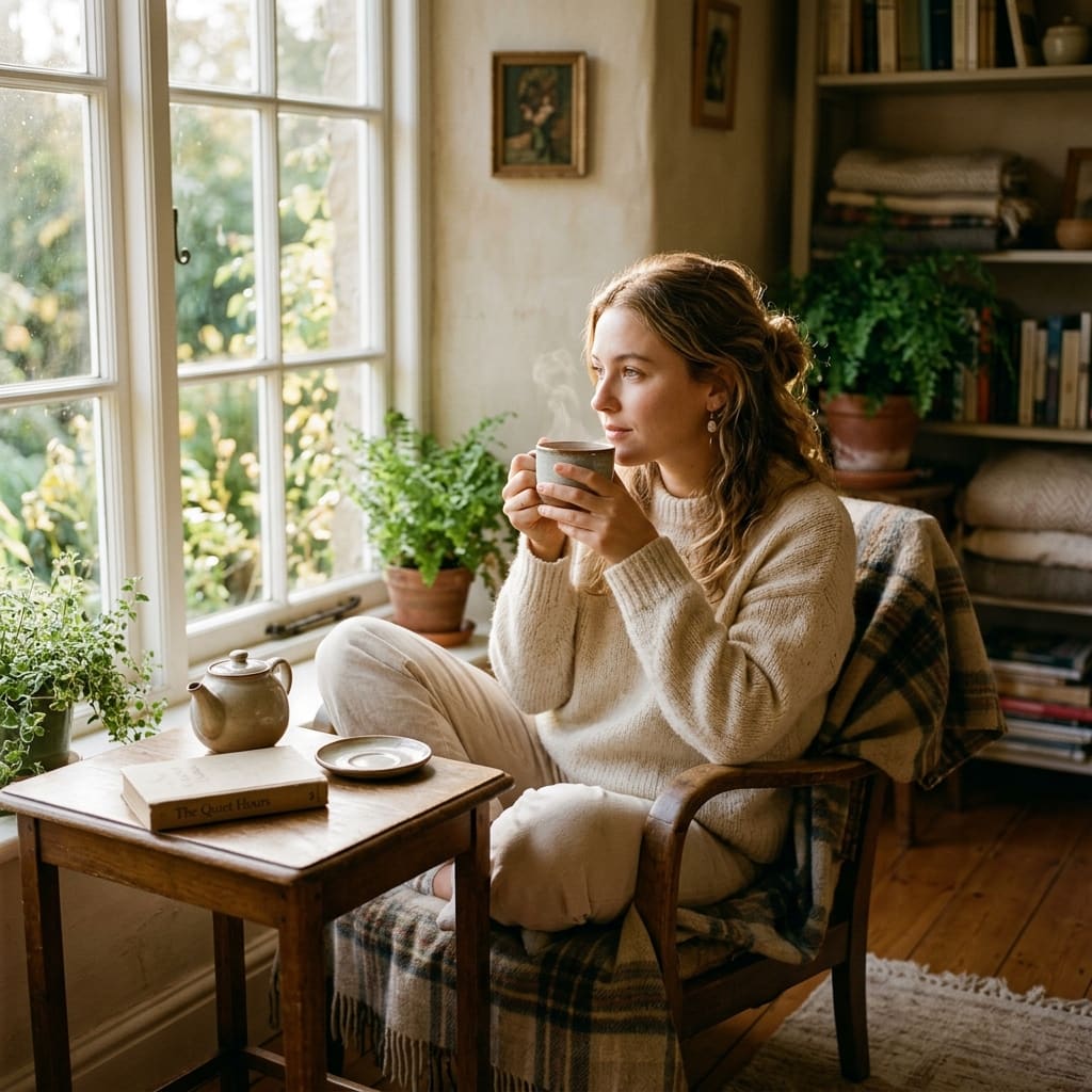 A woman sitting by a window with a cup of tea, looking out at a garden