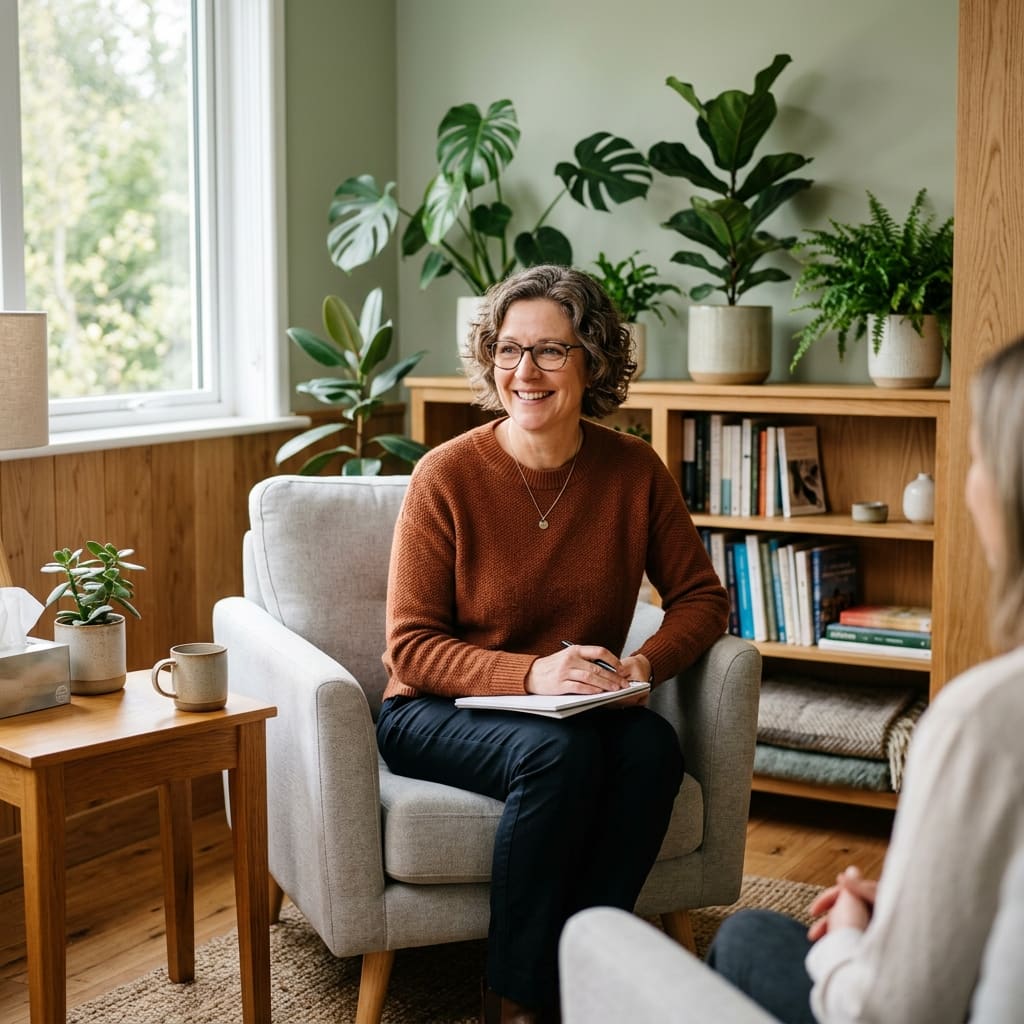 A therapist's consulting room with soft light and comfortable seating